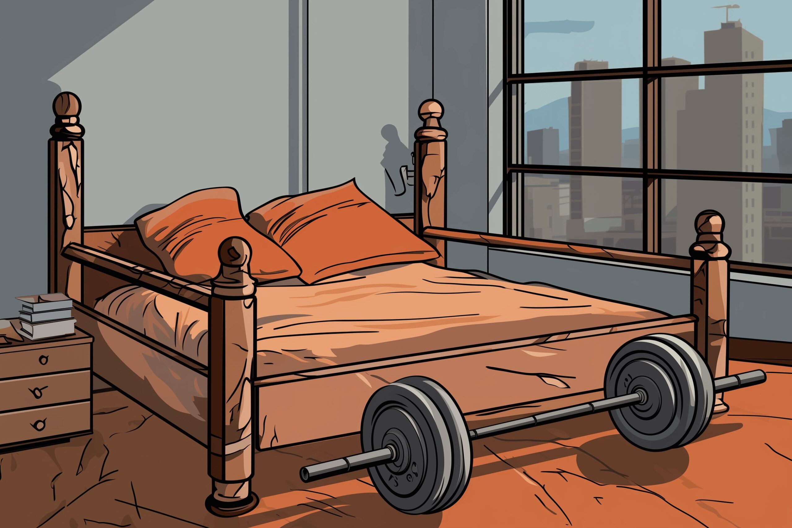 a barbell at the foot of a bed