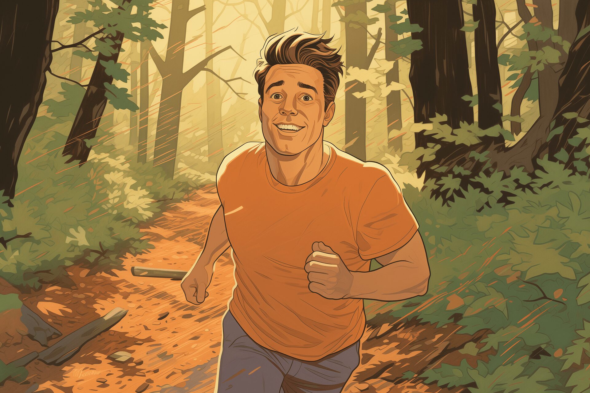 A man jogging in the woods