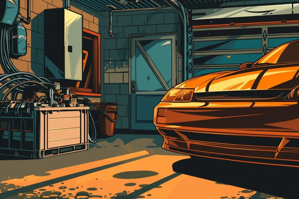 a car in a garage next to battery recharge equipment