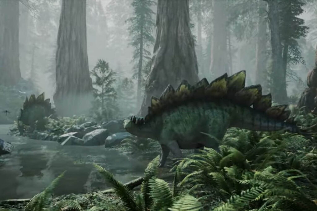 A digital rendering of a Stegosaurus dinosaur walking through a lush, misty forest with tall trees and ferns.