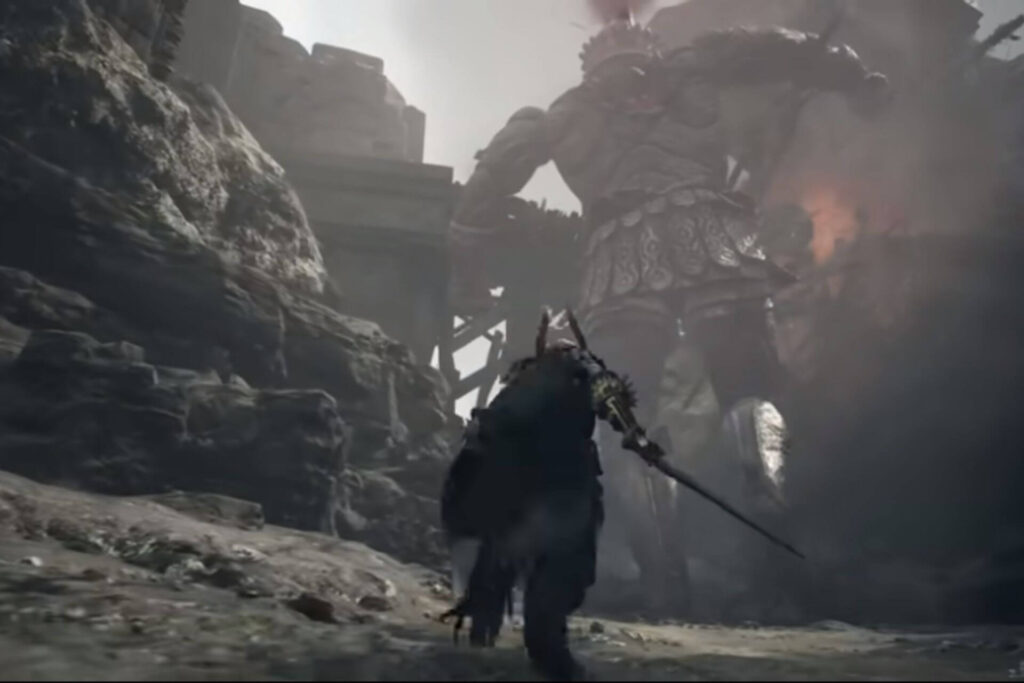 A knight in armor holding a long spear walking towards a giant creature with horns and armor in a dark and misty environment.
