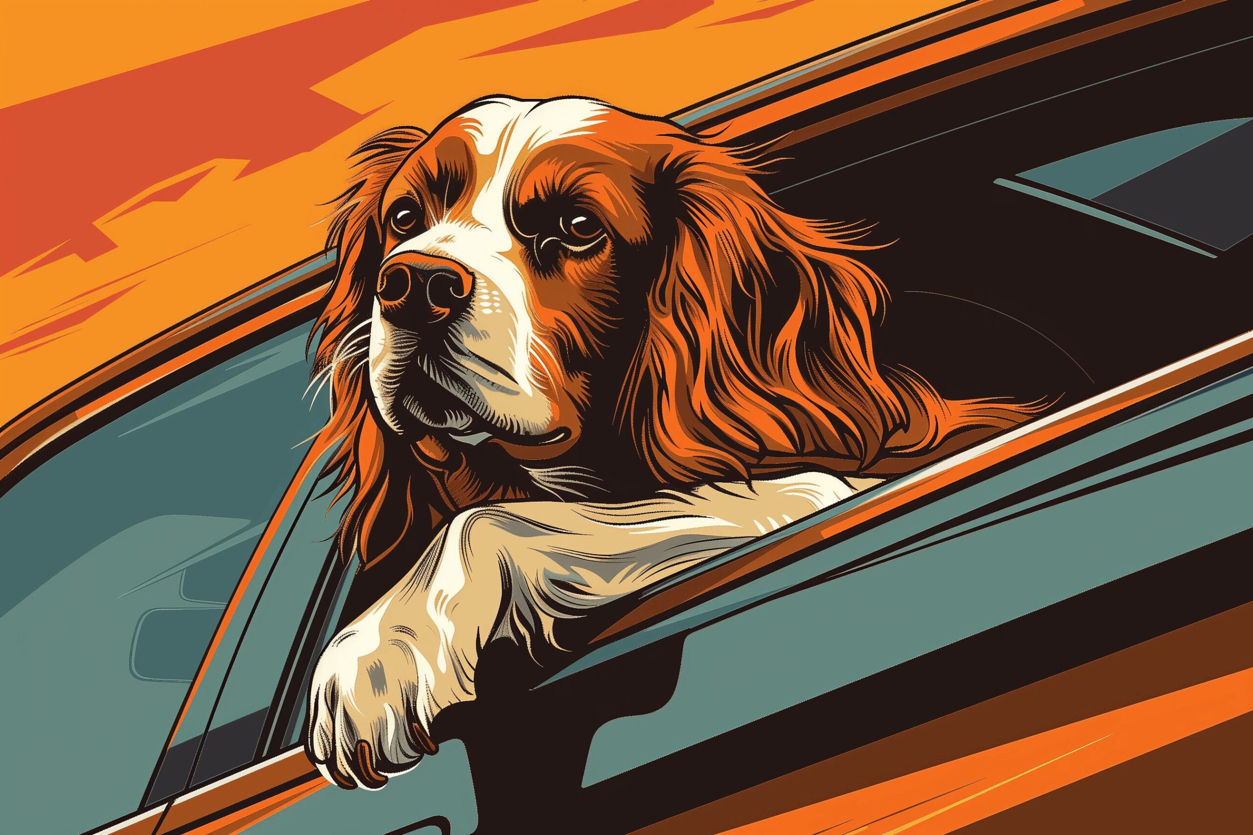 a brittany spaniel sticking its head out of a car window