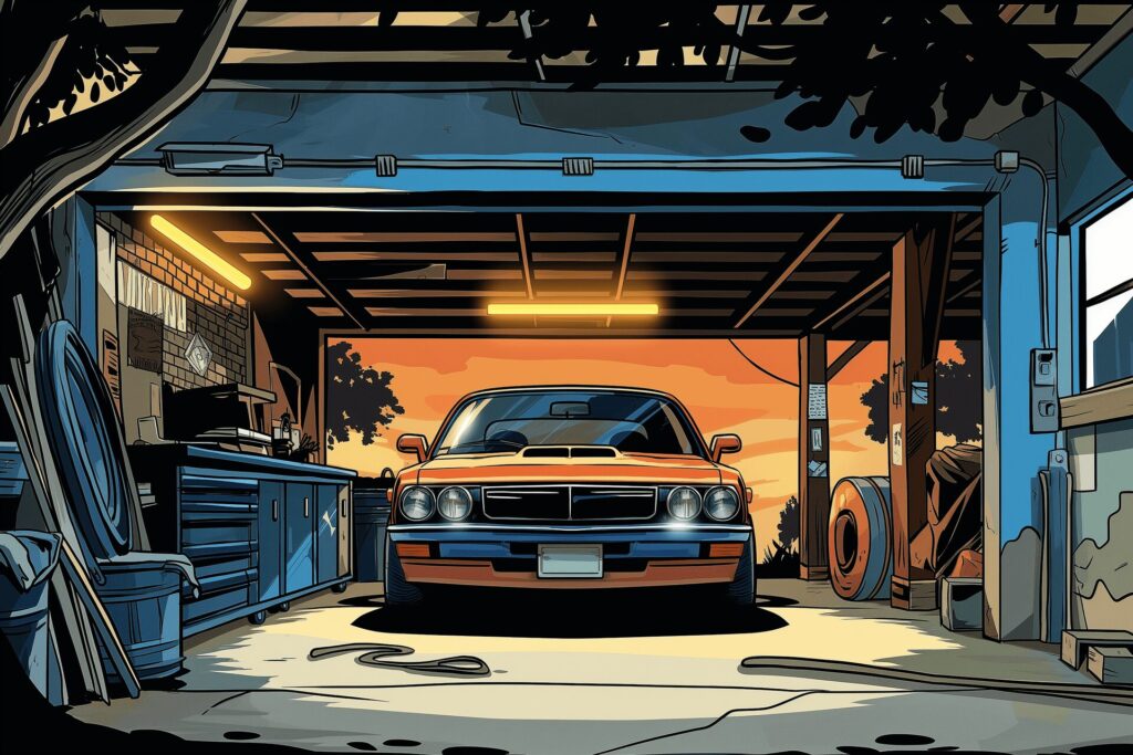 A car pulling into a brightly lit garage