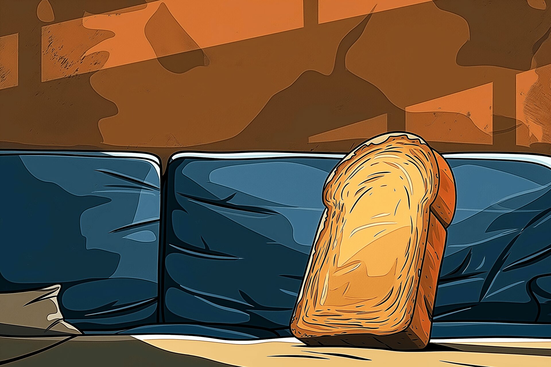 A piece of bread standing upright on a couch