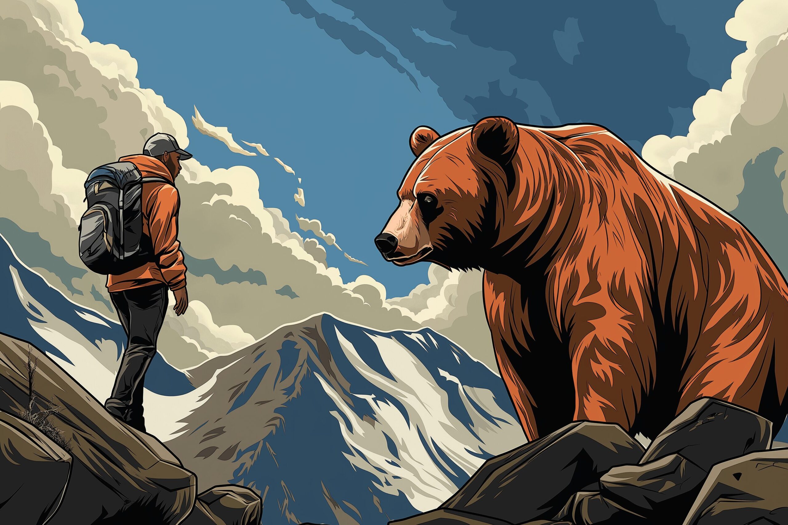 A hiker encountering a grizzly bear