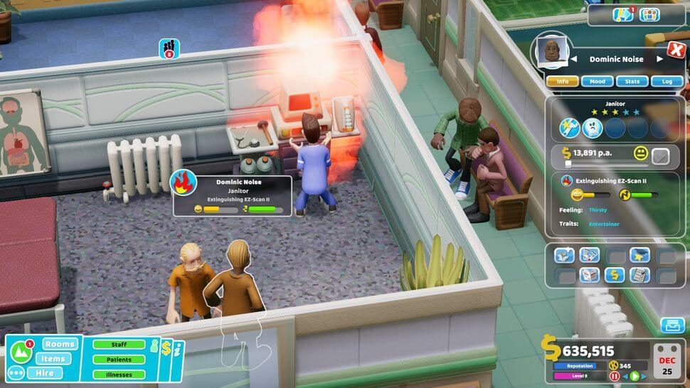 An overview of a hospital worker with his computer catching on fire in Two Point Hospital