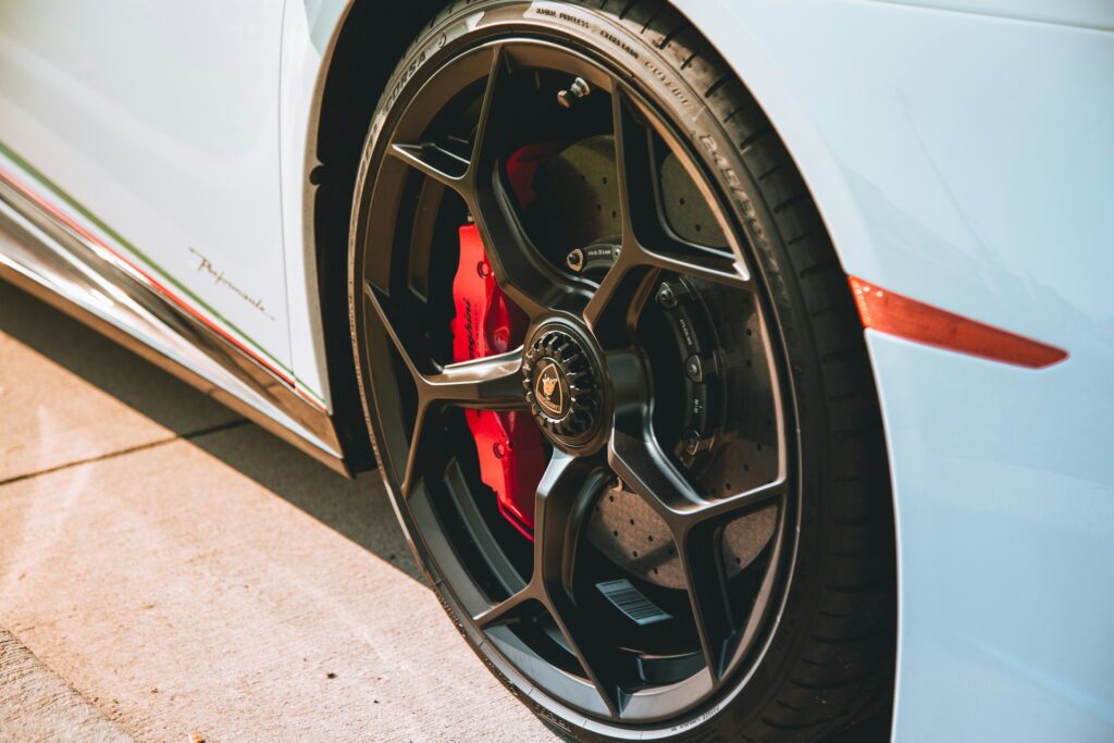 Closeup of a new brake pad on a Lamborghini