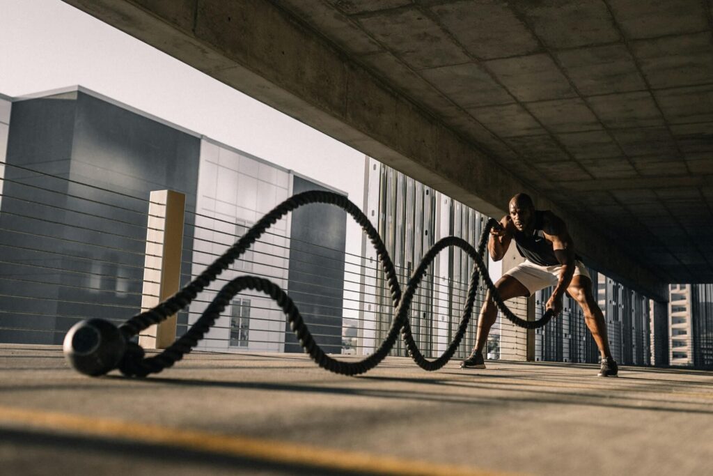 Man exercising in a skyscraper 