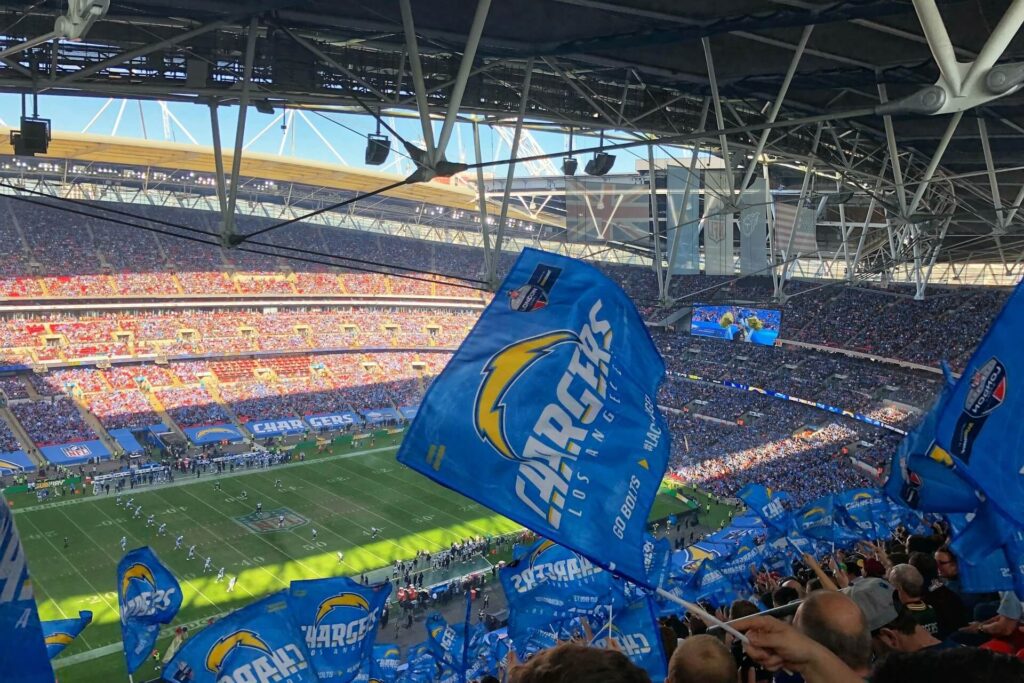 Los Angeles Chargers flags in London, England