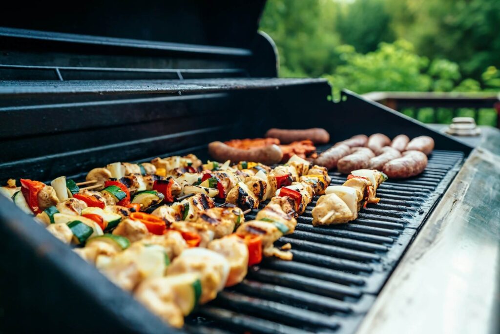 Kebabs and sausages on the grill