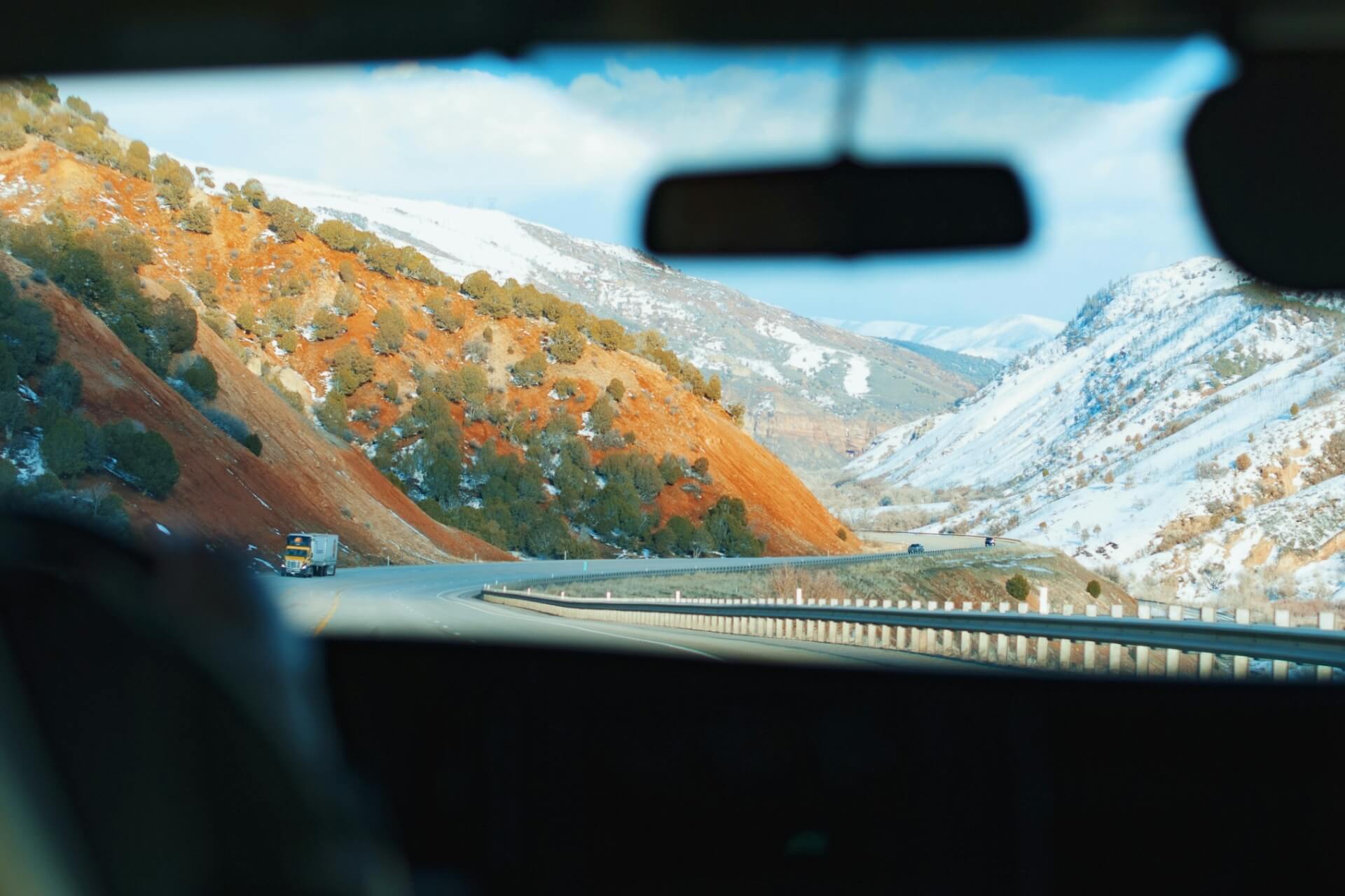 View of mountains through a windshield