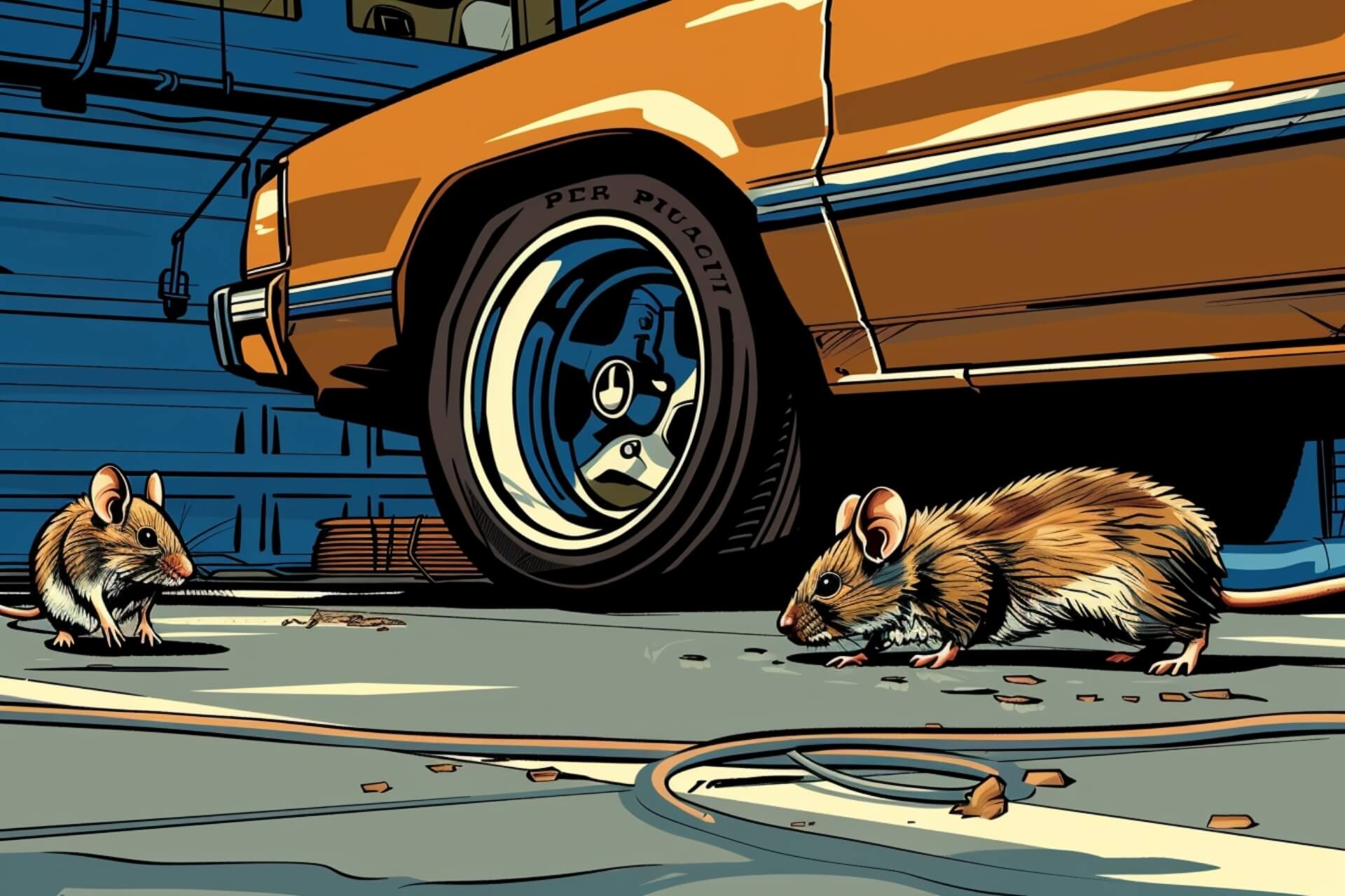 Illustration of mice on the floor of a garage