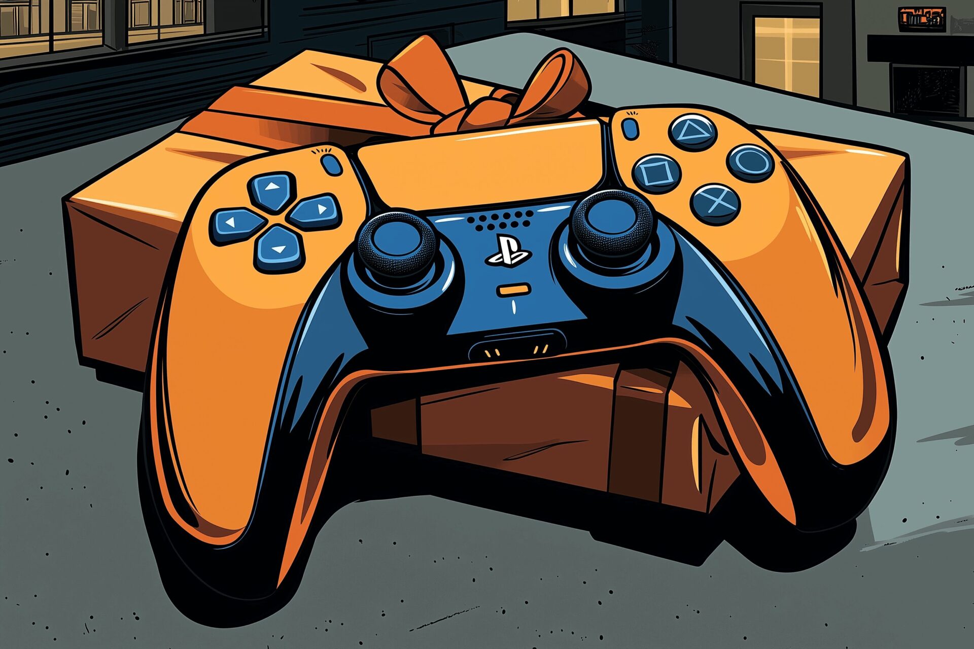 a PS5 controller on top of a wrapped gift