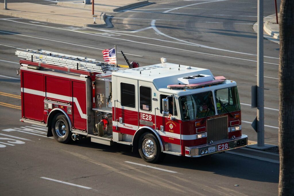 A firetruck drives down the road in Irvine, California