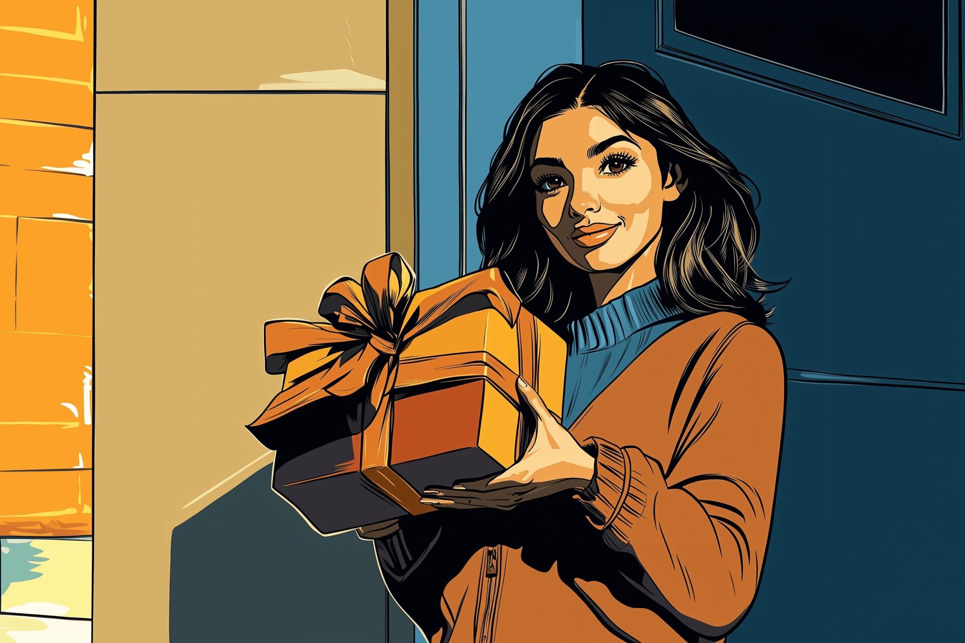 a cheerful woman holding a wrapped christmas present