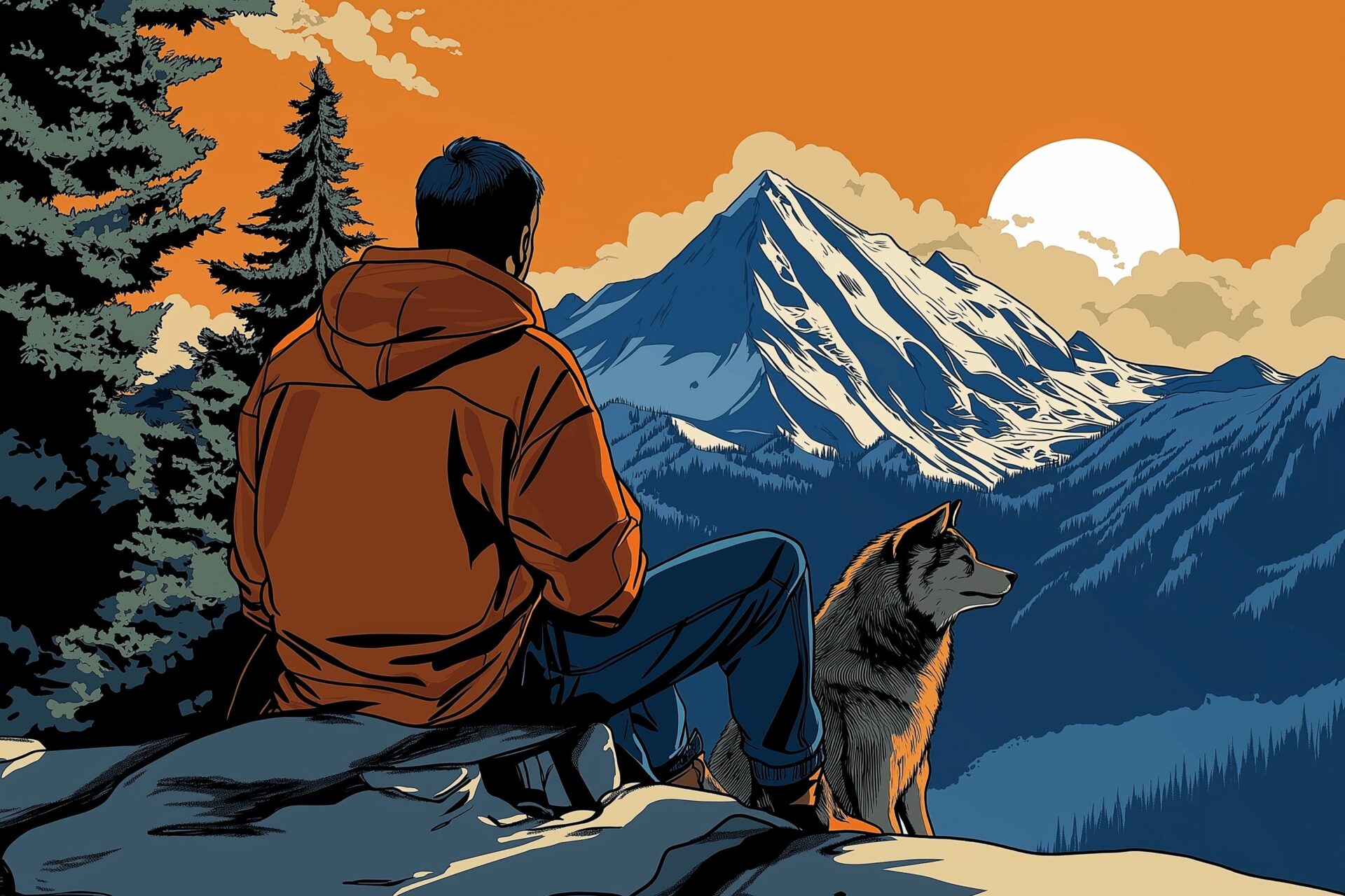 a man and a lone wolf overlooking a mountain