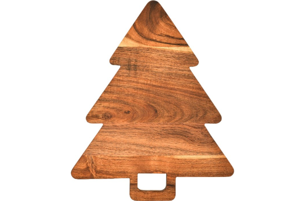 a wooden cutting board/serving tray cut in the shape of a Christmas tree