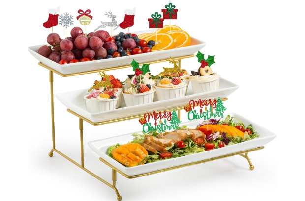 a 3-tiered tray of appetizers