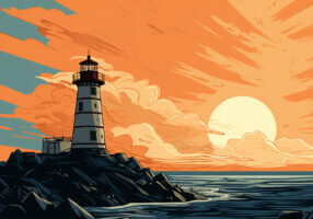 A lighthouse at sunset